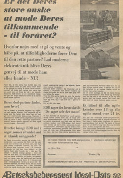 Full page advertisement inserted in Danish daily Politiken on Sunday, February 28, 1971 for Ideal-Data A/S, Denmark's first computer-based dating service / marriage bureau founded by Kim Weiss the same year.