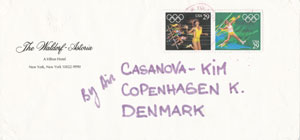 Fan mail mailed on February 24, 1991 from Waldorf-Astoria, NYC: 'Casanova' Kim's renown reached across the Atlantic ...