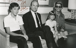 Claus von Bülow with late wife Sunny von Bülow (1931-2008) and stepson Prince Alexander von Auersperg and daughter Cosima photographed c. 1974 at hotel d'Angleterre, Copenhagen, Denmark by Kim Weiss' late wife Royal Court Photographer Princess Anne-Lise of Scaumburg-Lippe (1946-1964).